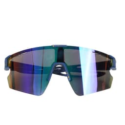 A pair of baseball sunglasses featuring a blue frame and reflective lenses with UV protection.