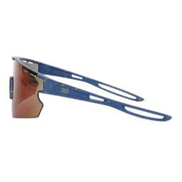 Blue sunglasses with a sleek design and UV protection. Features a tinted lens and a logo on the frame.