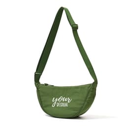 A green crossbody bag with a zip closure and an adjustable strap. It features a design placeholder.