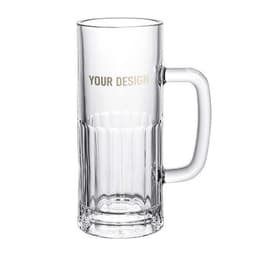 A clear glass beer mug with a textured design and a sturdy handle, featuring a space for custom design.