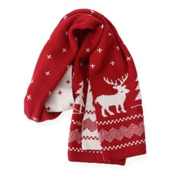 A red double-sided Christmas scarf featuring white patterns of reindeer and trees. It has a knitted texture and logo.
