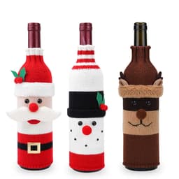 Three wine bottle covers in festive designs: Santa, a snowman, and a reindeer, featuring bright colours and playful details.