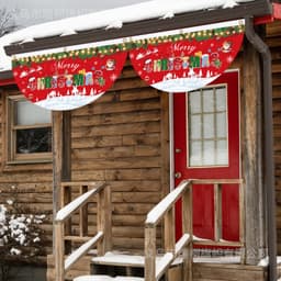 Two red outdoor hanging fan flags with festive Christmas designs, featuring snowmen and holiday decorations, displayed on a wooden cabin.