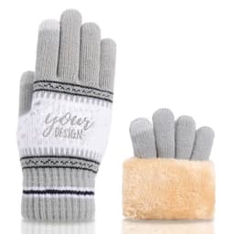 A pair of grey gloves with a knitted design and a fluffy wrist cuff, featuring a logo on one glove.