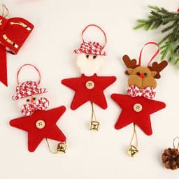 A set of three red felt Christmas ornaments featuring a Santa, a reindeer, and star shapes with bells.