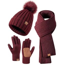 A burgundy winter bobble hat, scarf, and gloves set featuring a faux fur pom-pom and a logo.