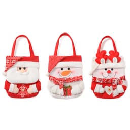 Three custom knitted Christmas gift bags in red, featuring a Santa, a snowman, and a reindeer design, each with unique embellishments.