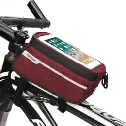 A maroon custom bike top tube bag with a clear pocket on top for a phone, mounted on a bicycle frame.