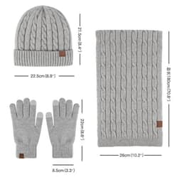A grey cold-proof beanie, scarf, and gloves set. The gloves, scarf, and beanie feature a cable knit design.