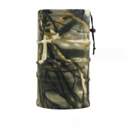 A multifunctional neck gaiter in a camouflage pattern featuring tones of green, brown, and white, with a pull tie.