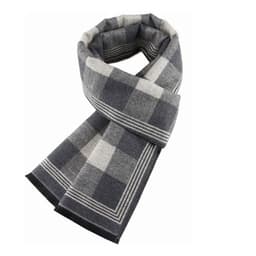 A custom winter scarf featuring a grey and black checkered pattern with striped detailing. Perfect for keeping warm.