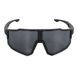 Polarized sports outdoor sunglasses with a sleek black frame and large dark lenses, featuring a logo on the side.