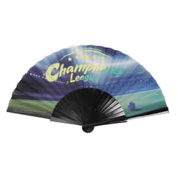 A wooden folding hand fan featuring a graphic design with blue and green tones, displaying a logo.