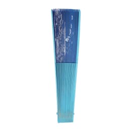 A wooden folding hand fan in shades of blue, featuring a simple design and a logo. Ideal for leisure and outdoor activities.