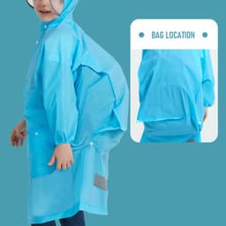 A blue kids' raincoat with a hood, featuring pockets and a visible bag location for storage.