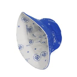 A blue custom reversible bucket hat featuring a printed pattern and a logo on the inside.