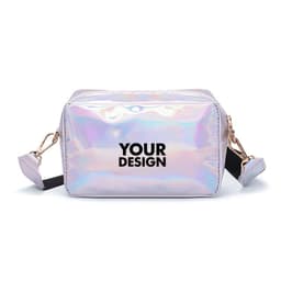 A small holographic crossbody bag in pastel tones with black accents and a branding logo.