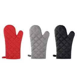 Three quilted oven mitts in red, grey, and black, each with a hanging loop and a textured surface.