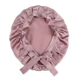 A pink silk bonnet with a ruffled design and tie at the back, featuring a smooth inner lining.