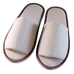 Custom open toe cotton disposable slippers in a beige colour with brown accents. Features a soft, textured fabric and a simple design.