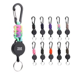 A retractable keychain with a carabiner and various colourful paracord designs, featuring a logo area.