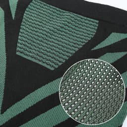 A green and black personalized windproof neck gaiter with a textured mesh pattern and a close-up view of the fabric's weave.