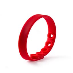 A red adjustable silicone wristband featuring multiple sizing holes and a smooth finish. It has a logo.