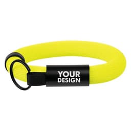 A vibrant yellow wristband key holder featuring a black loop and a branding area. Ideal for events and exhibits.