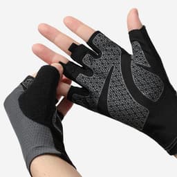 Fingerless outdoor cycling gloves in black and grey, featuring a textured design and partial finger coverage.