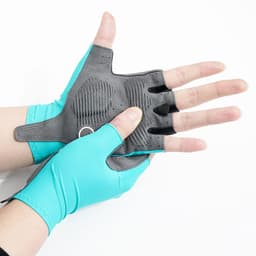 Half finger cycling gloves in turquoise and grey, featuring textured grip and a logo.