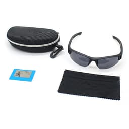 A black sunglasses set with a protective case, lens cleaning cloth, and a card, featuring dark lenses.