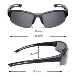 A pair of black outdoor riding sunglasses with a sleek design, featuring tinted lenses and a branding logo.