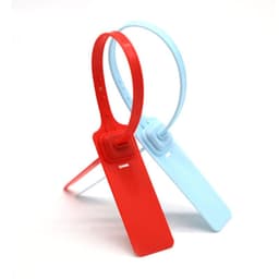 A red and a blue anti-tamper seal security tag arranged in a supportive position, featuring a simple design.