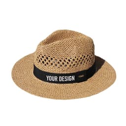 A custom straw hat in natural tones with a black band for personalised designs. Features a logo on the band.