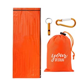 An orange waterproof thermal survival bivy bag, accompanied by a carabiner and a matching drawstring pouch.