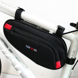 A custom bike triangle bag in black with red accents, featuring a zippered pocket and a branding area.