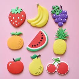 A collection of colourful fruit-shaped fridge magnets, including strawberries, bananas, grapes, watermelon, and others on a pink background.