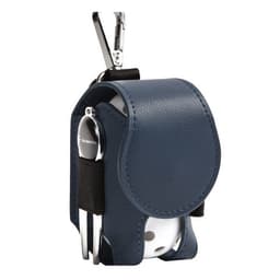 A navy blue PU leather golf holder pouch with a clip and space for golf balls and tees. It features a logo.