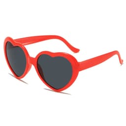 Red heart-shaped sunglasses with dark lenses and a logo on the side. Ideal for leisure and outdoor activities.