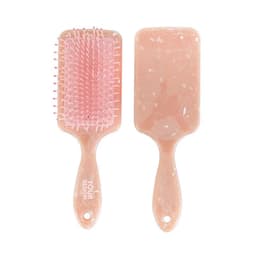 A paddle detangler hair brush featuring a pink bristle design and a marbled light pink handle. It includes a logo.