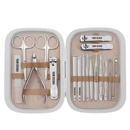 A personalised nail clipper kit in a light grey case, featuring stainless steel tools for nail care and grooming.