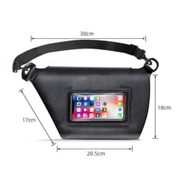 A black waterproof dry crossbody bag with a transparent front pocket and an adjustable strap. Measures 30cm x 20.5cm x 17cm.