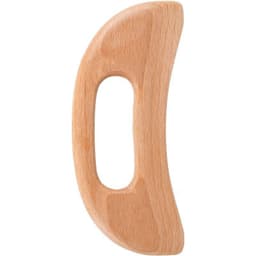 A wooden guasha board in a natural light wooden finish with an ergonomic handle design. It includes a logo.