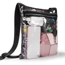 A holographic clear crossbody bag displaying various items, including a phone, charger, and other accessories, with a black strap.