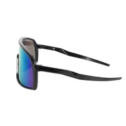 Polarized sunglasses featuring a sleek black frame and mirrored blue lenses. Includes a logo on the side.