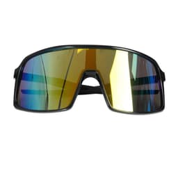 A pair of black Polarized Shield sunglasses with large, reflective, multi-coloured lenses and a sleek design.
