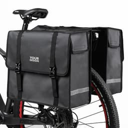 A black double pannier bag attached to a bicycle, featuring two compartments and a logo on the front.
