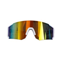 Polarized cycling sunglasses with a wide, mirrored lens featuring a gradient of blue, orange, and yellow hues. They have a white frame and a logo.