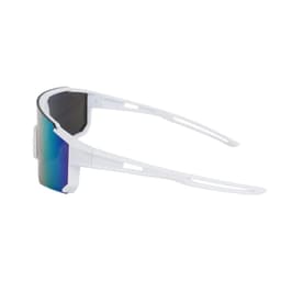 Polarized cycling sunglasses with a white frame and a gradient lens featuring blue and green hues.