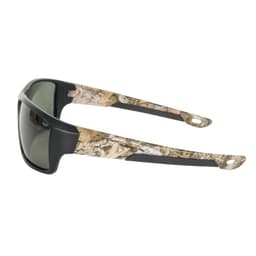 Polarised sunglasses featuring a black frame with a camouflage pattern on the arms. Suitable for outdoor use.